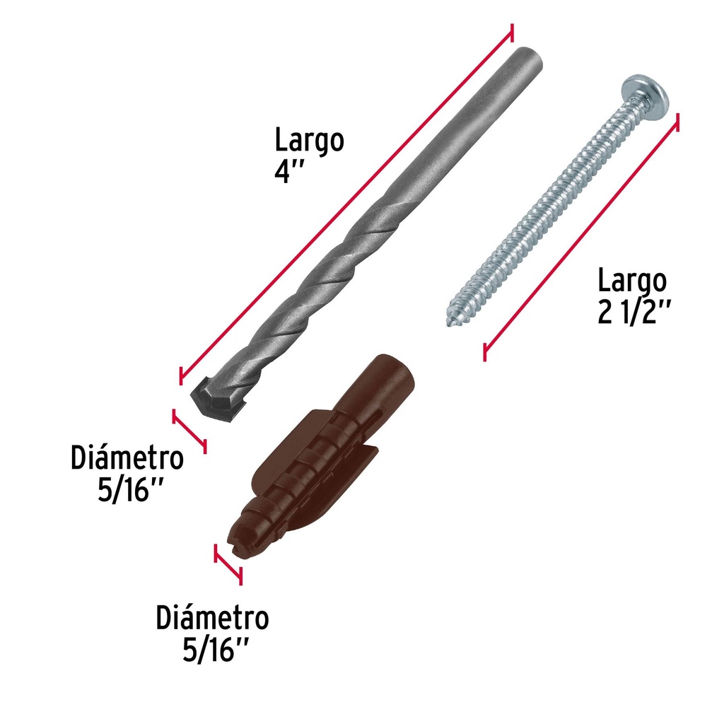 Kit de 20 taquetes 5/16'con pijas #10 y 1 broca 5/16', Fiero