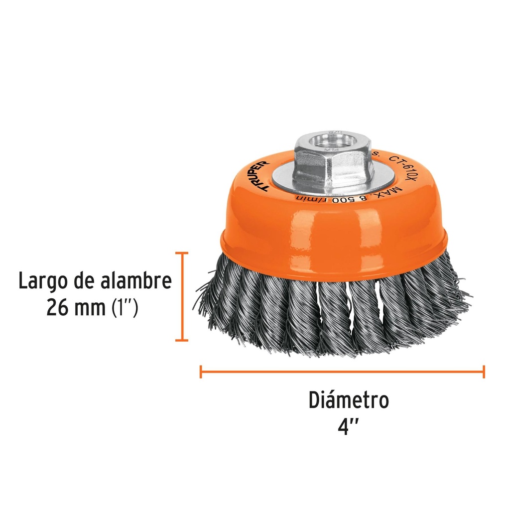 Carda copa 4' alambre trenzado grueso, eje 5/8'-11, Truper