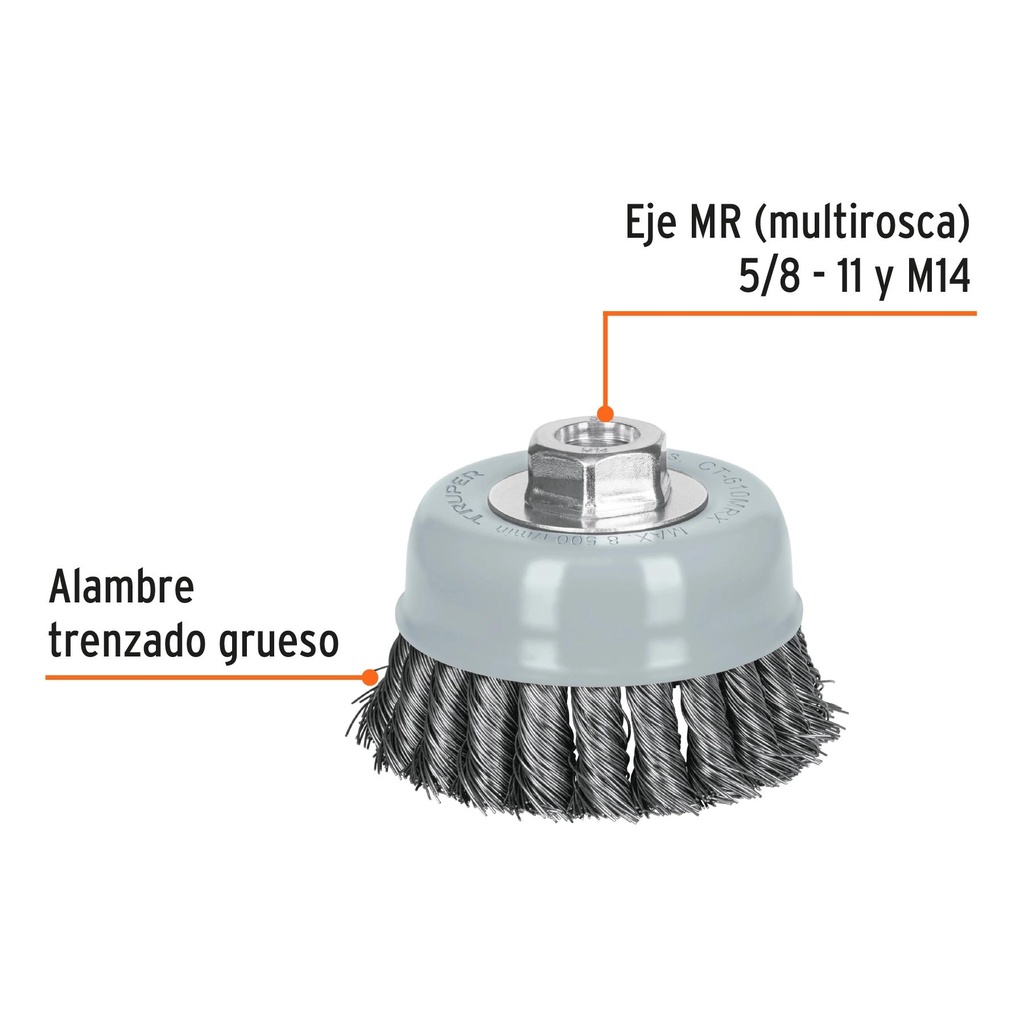 Carda copa 4' alambre trenzado grueso, Multi-rosca, Truper