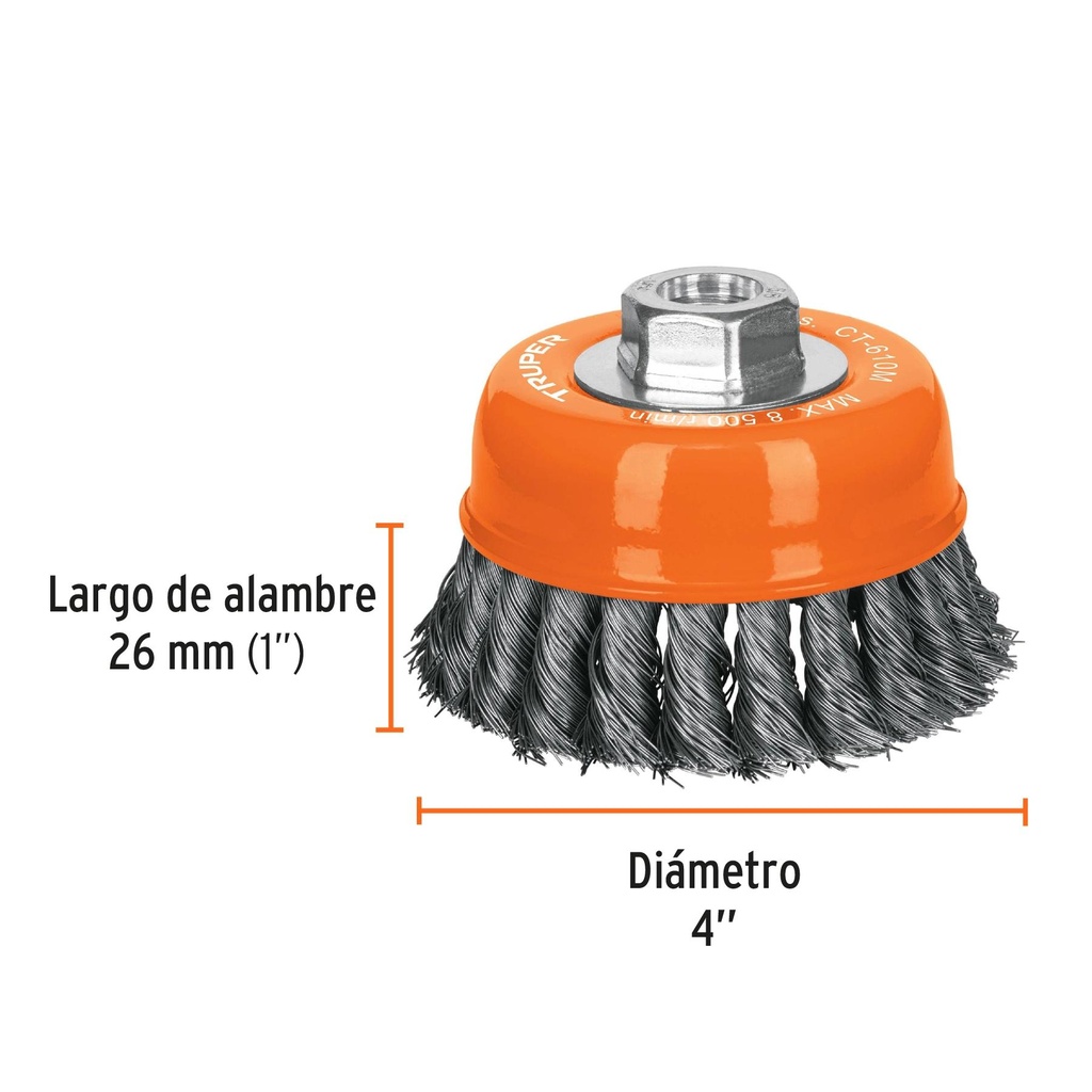 Carda copa 4' alambre trenzado fino, eje M14, Truper