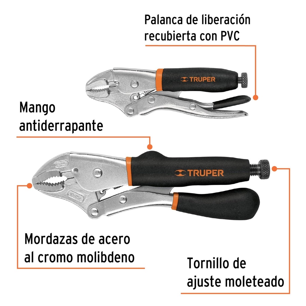 Juego de dos pinzas de presión curvas mango de vinil, Truper