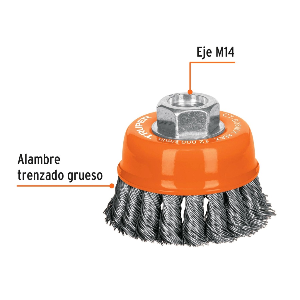 Carda copa 3' alambre trenzado grueso, eje M14, Truper