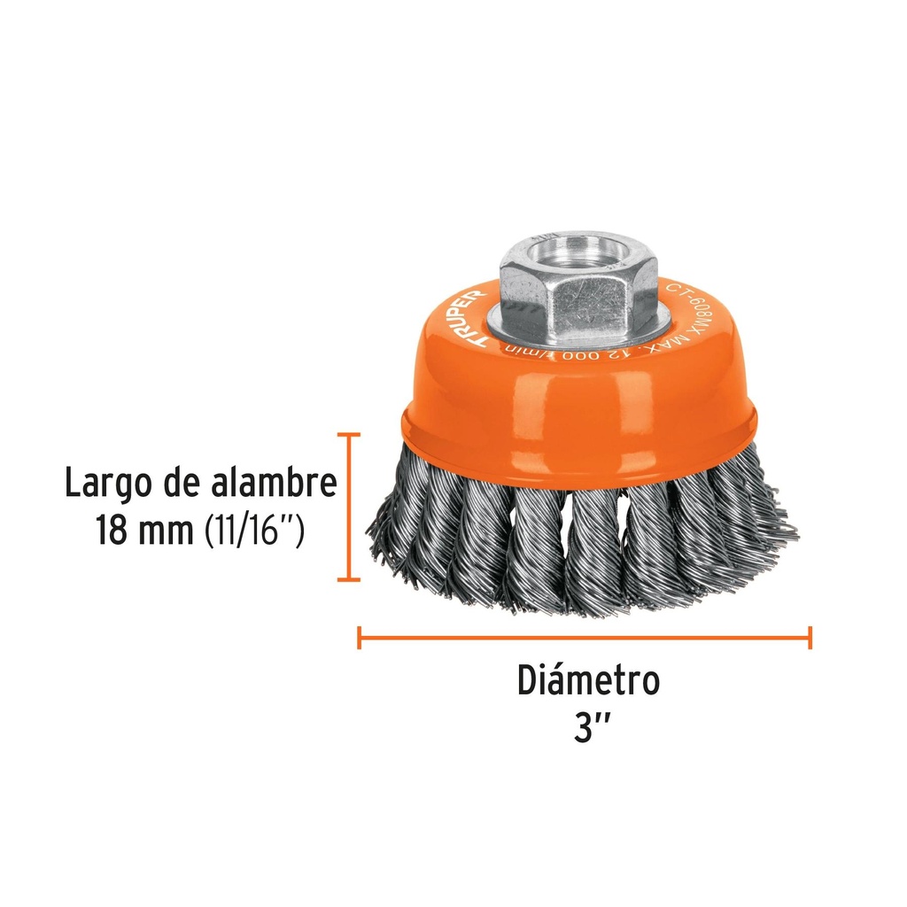 Carda copa 3' alambre trenzado grueso, eje M14, Truper