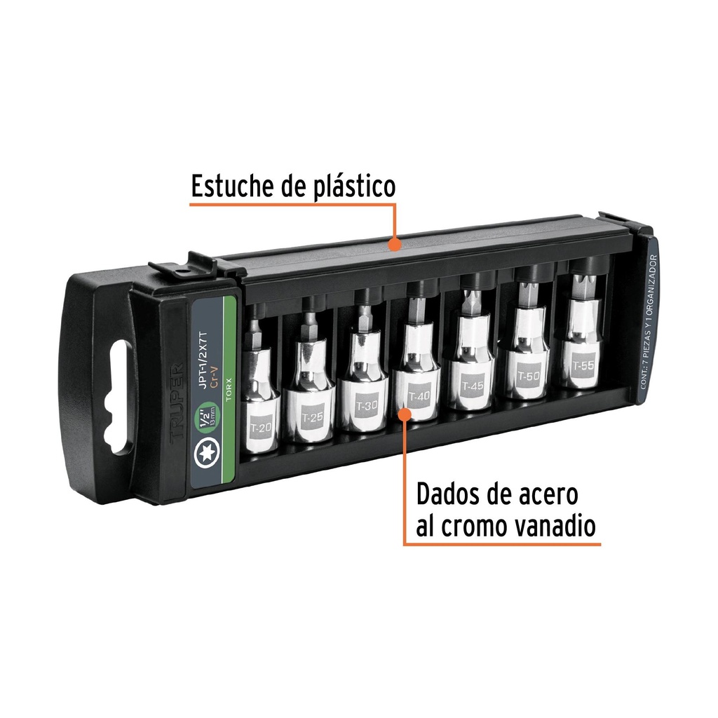 Juego de 7 dados cuadro 1/2' punta torx, Truper