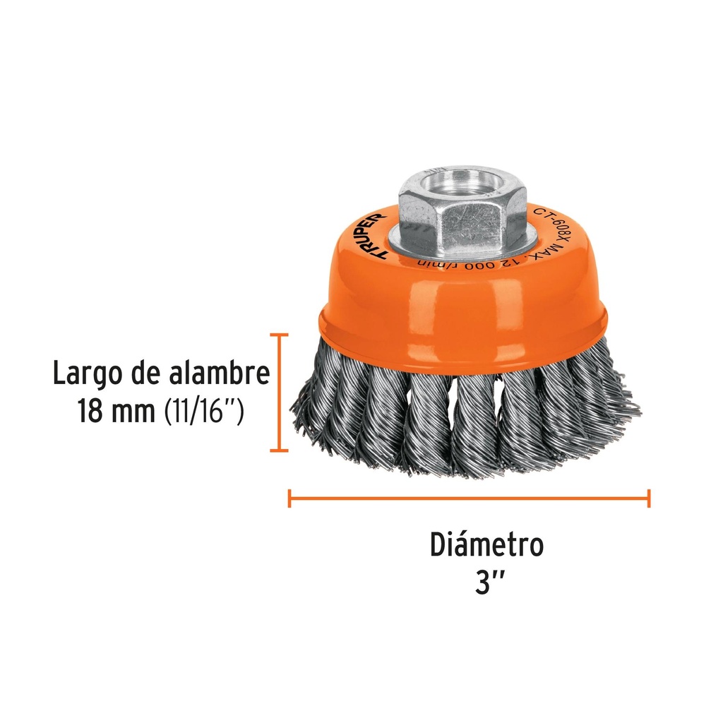 Carda copa 3' alambre trenzado grueso, eje 5/8'-11, Truper