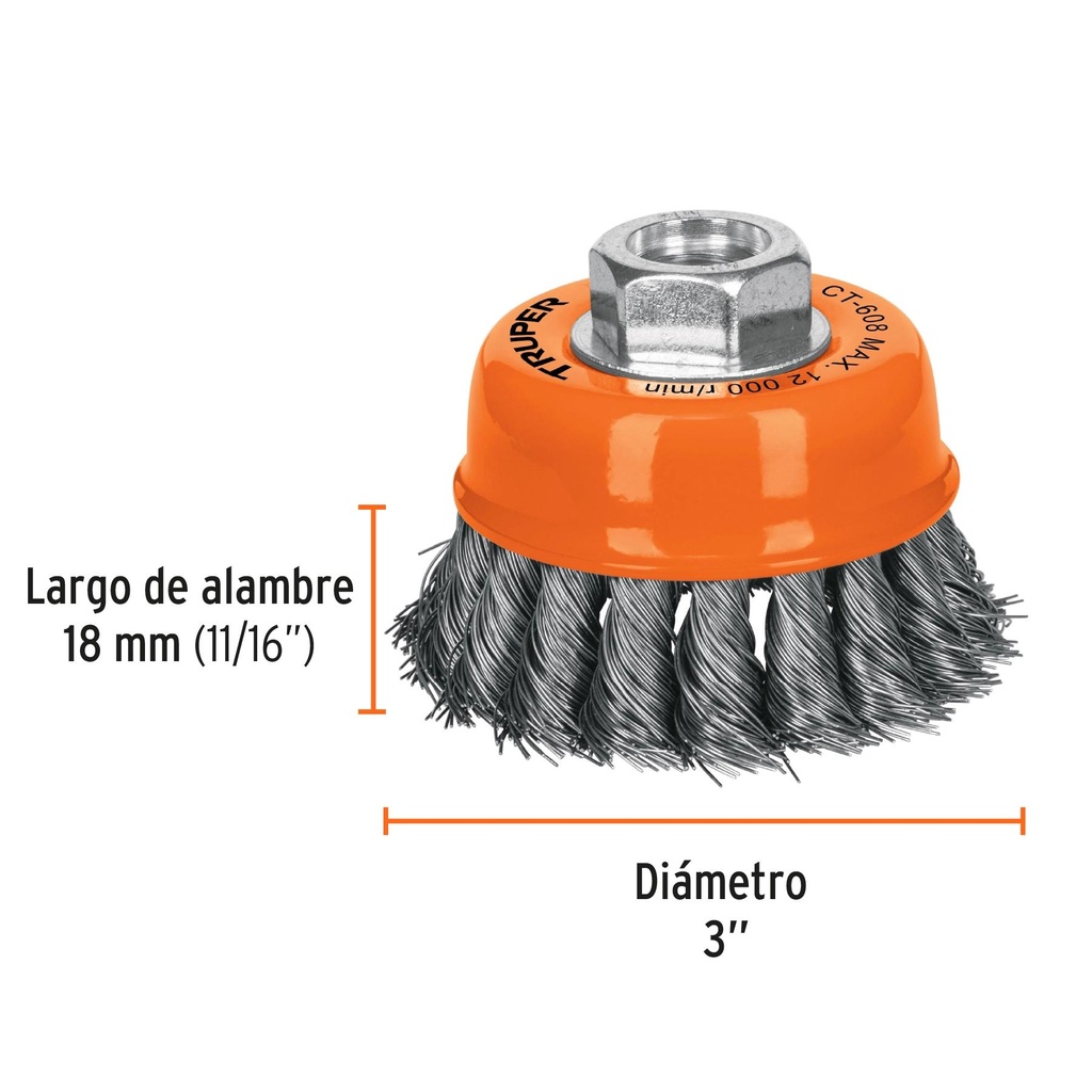 Carda copa 3' alambre trenzado fino, eje 5/8'-11, Truper