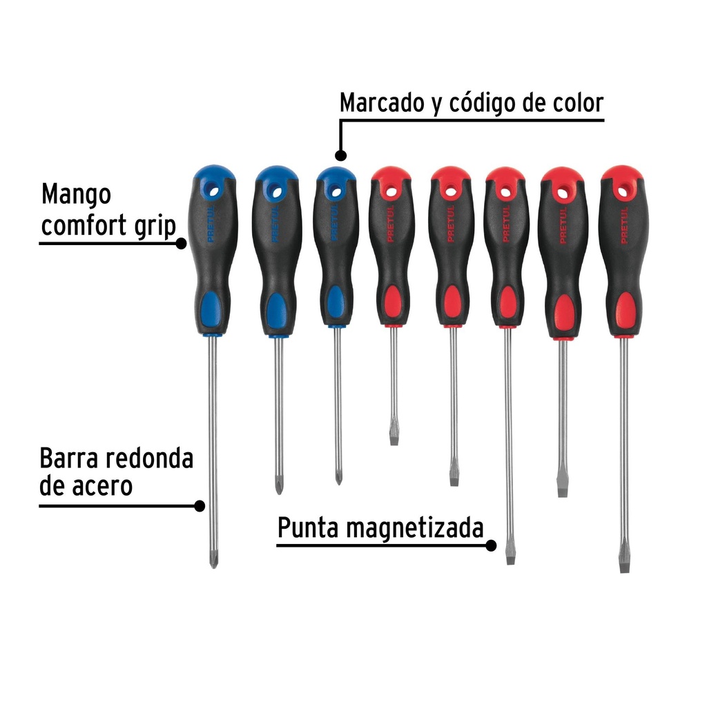 Juego de 8 desarmadores mango Comfort Grip, Pretul