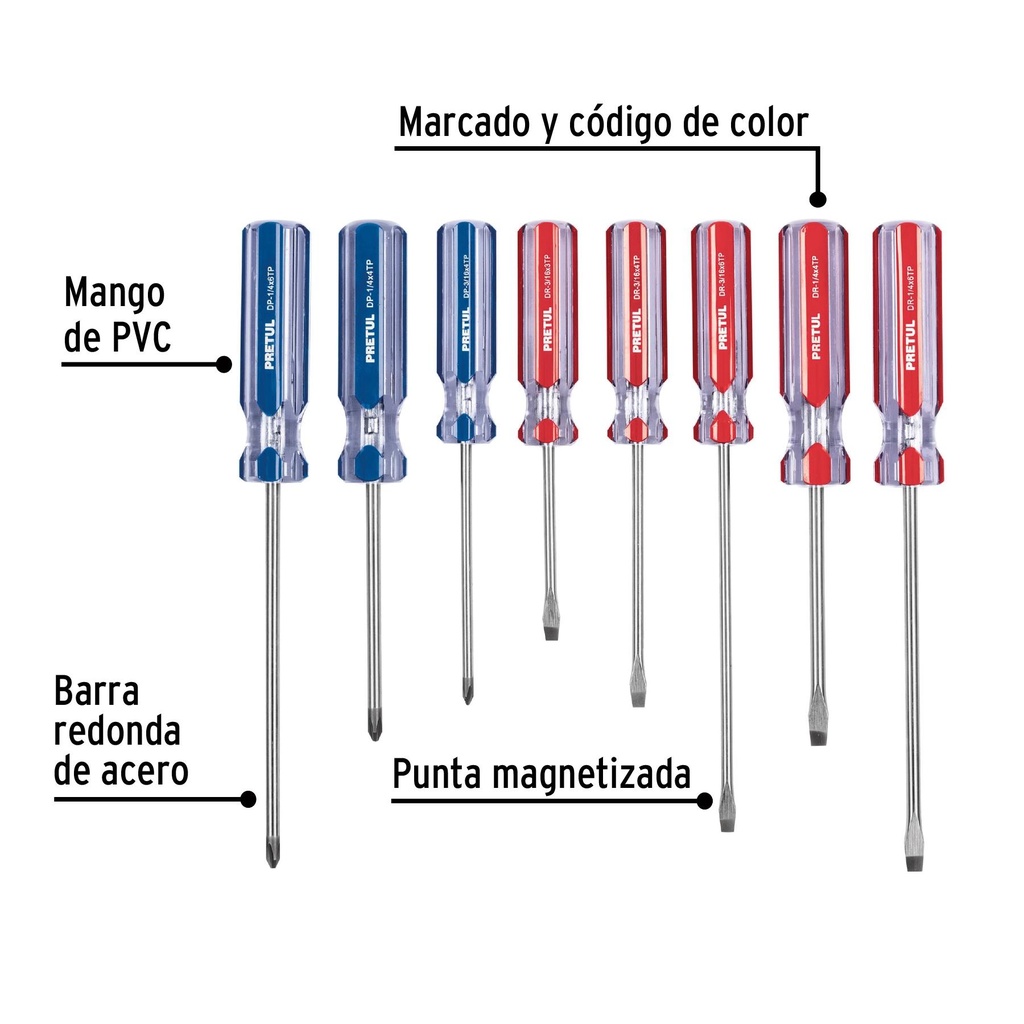 Juego de 8 desarmadores mango de PVC, Pretul