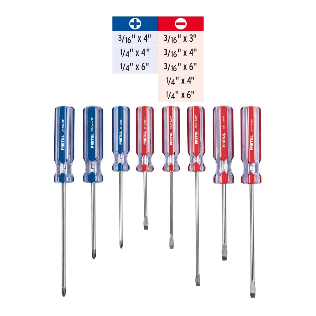 Juego de 8 desarmadores mango de PVC, Pretul