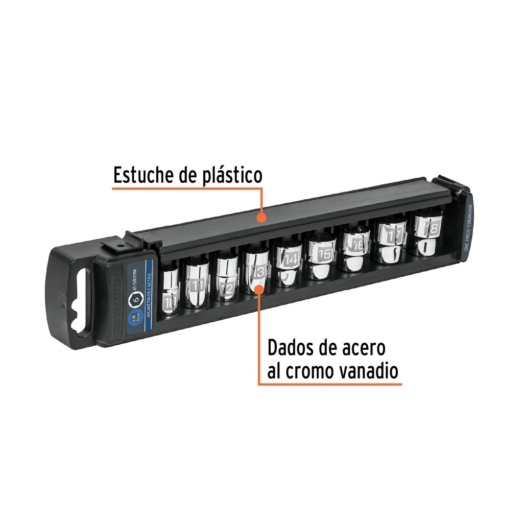 Juego de 9 dados cuadro 3/8' mm, Truper