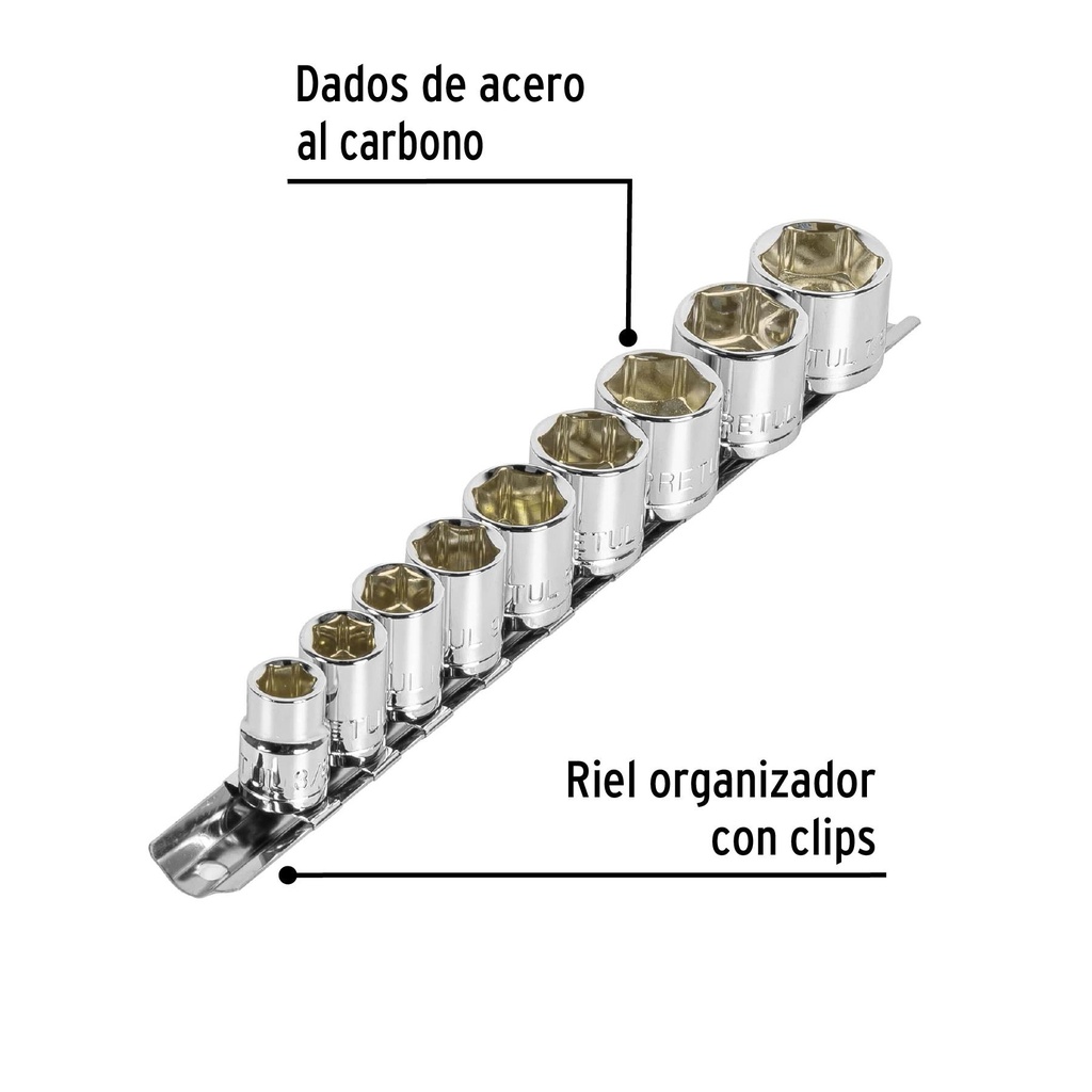 Juego de 9 dados cuadro 3/8' std, Pretul