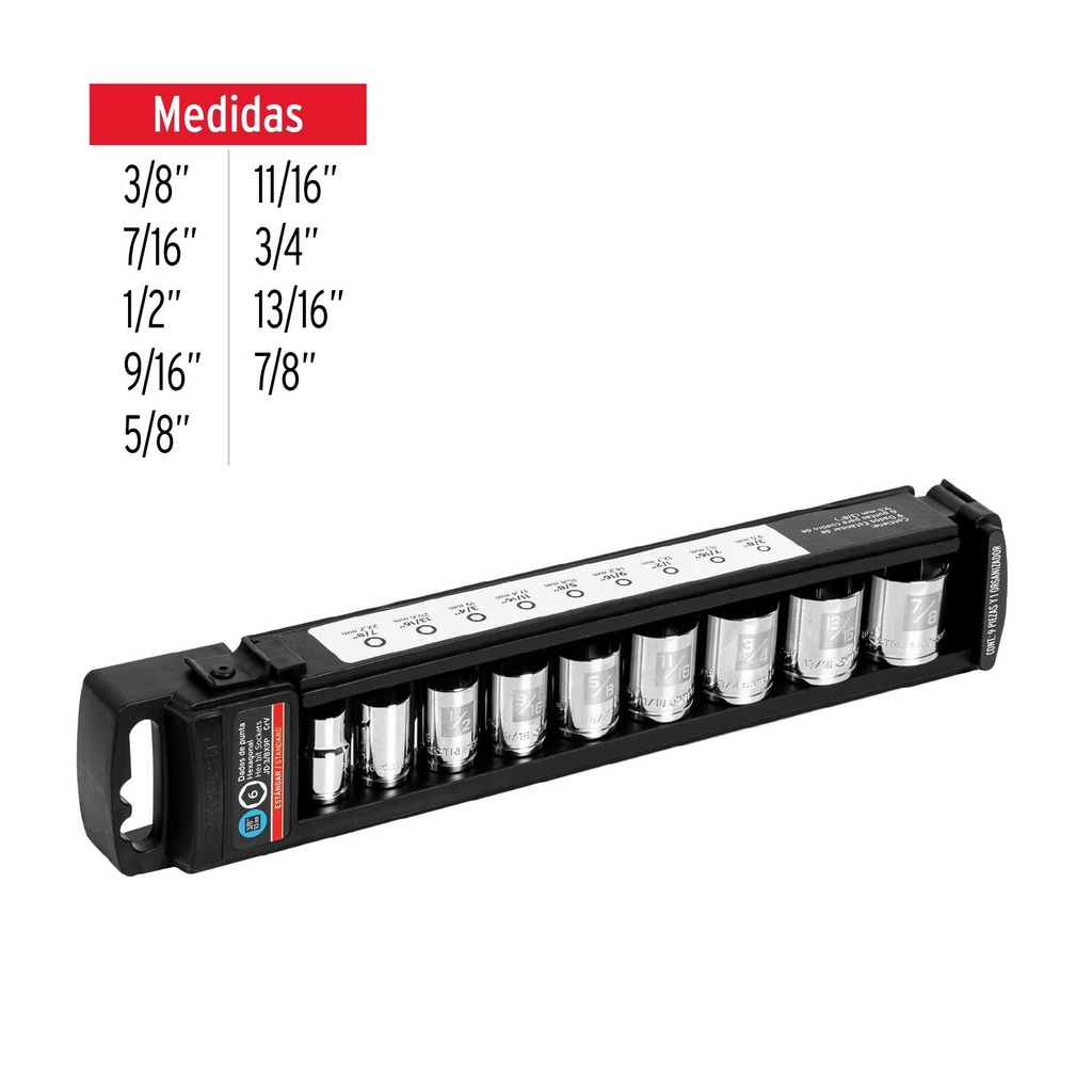 Juego de 9 dados cuadro 3/8' std, Truper