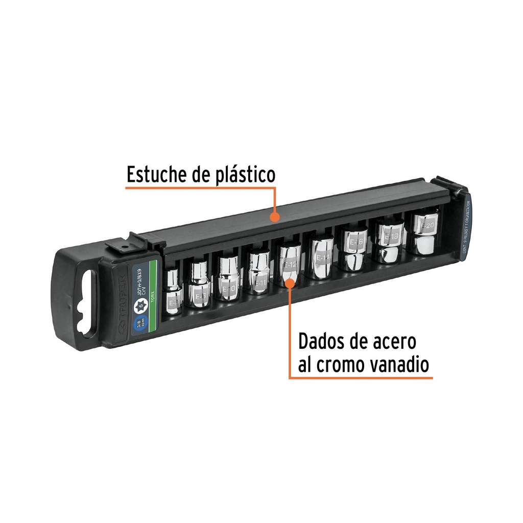 Juego de 9 dados cuadro 3/8' torx, Truper