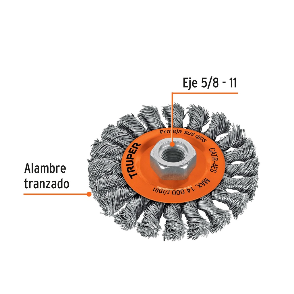 Carda circular 4' alambre trenzado, eje 5/8'-11, Truper