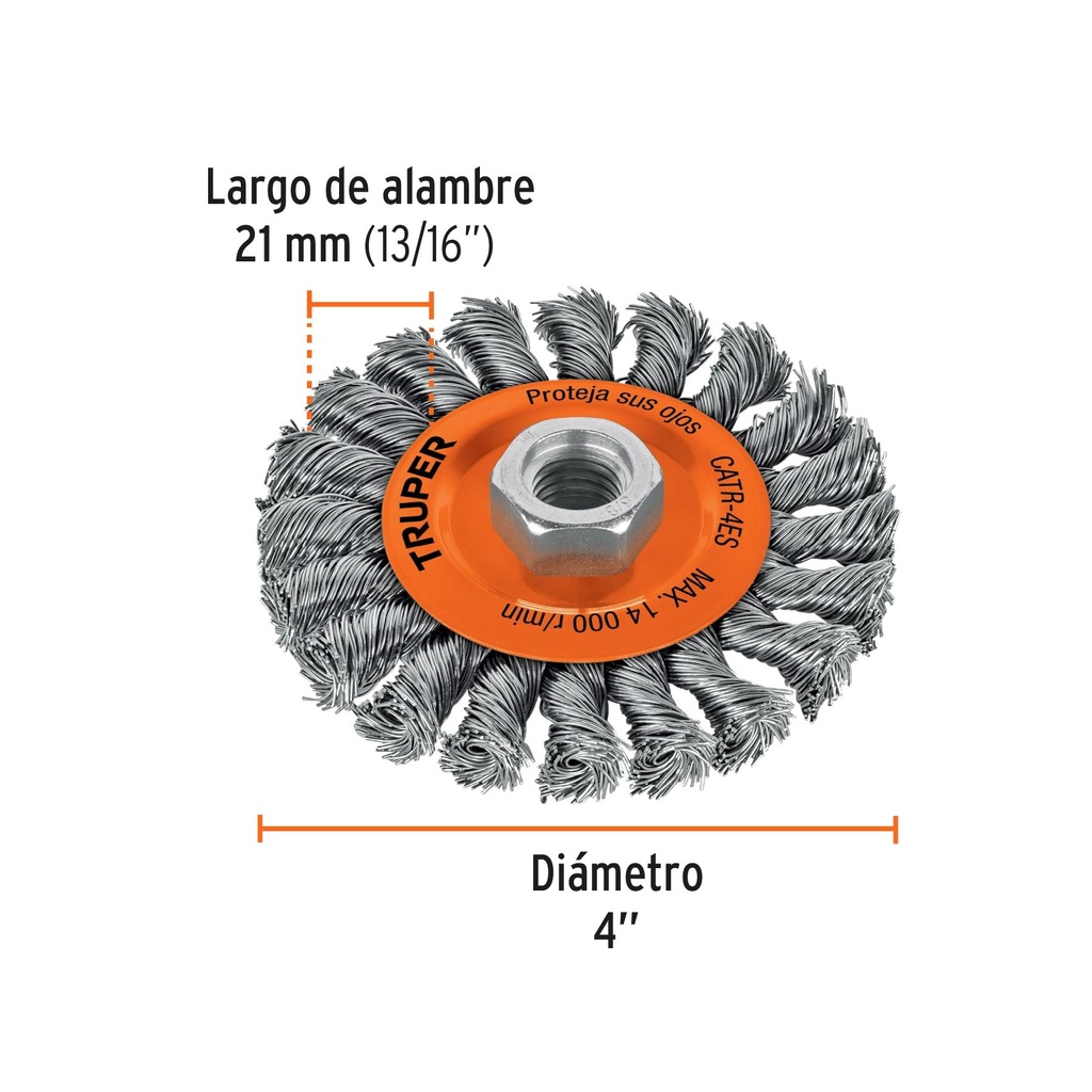 Carda circular 4' alambre trenzado, eje 5/8'-11, Truper