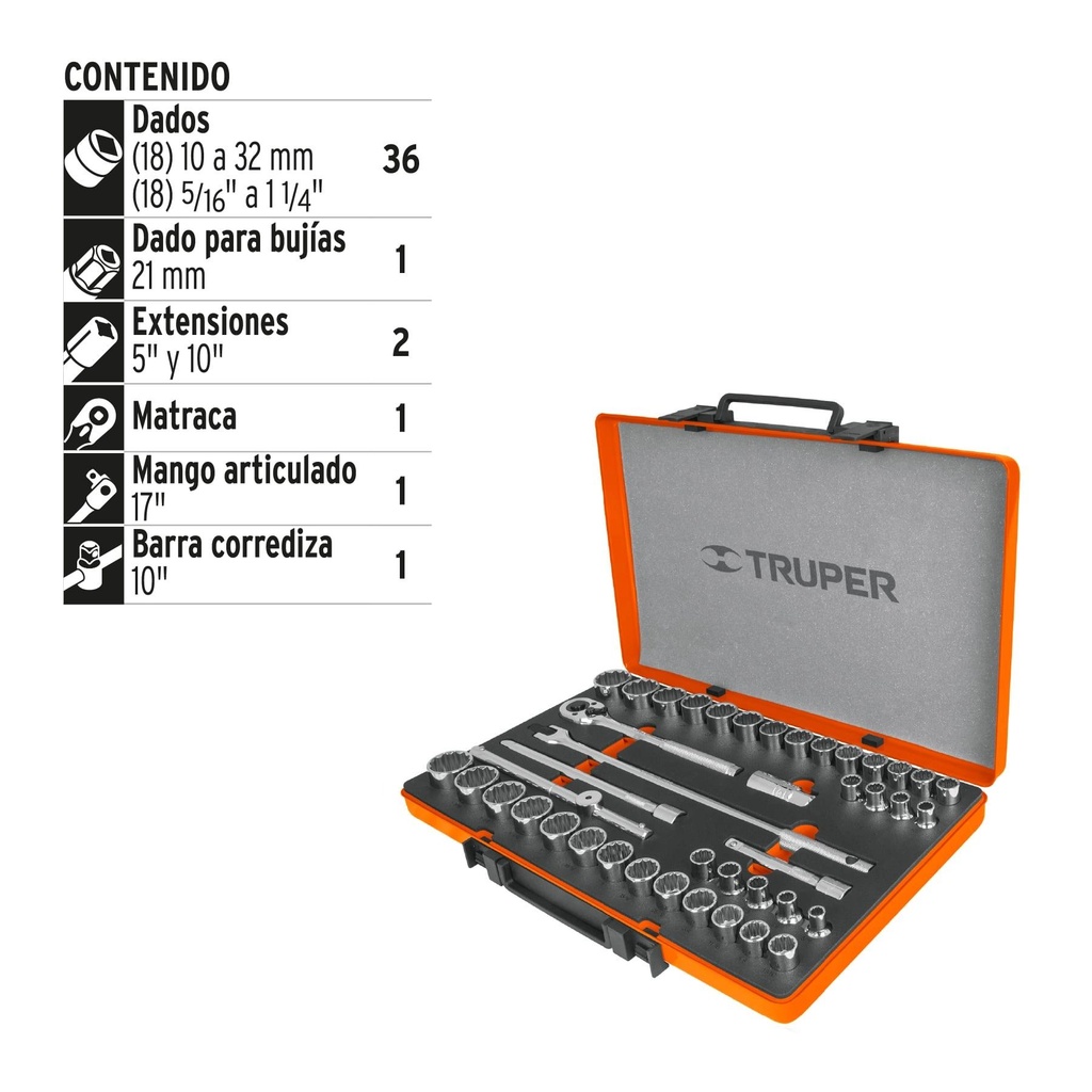 Juego de 42 herramientas cuadro 1/2' std y mm para mecánico