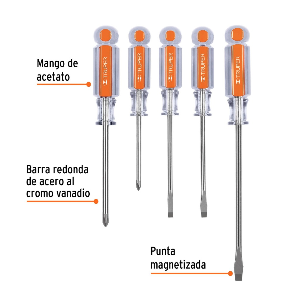 Juego de 5 desarmadores mangos de acetato, Truper