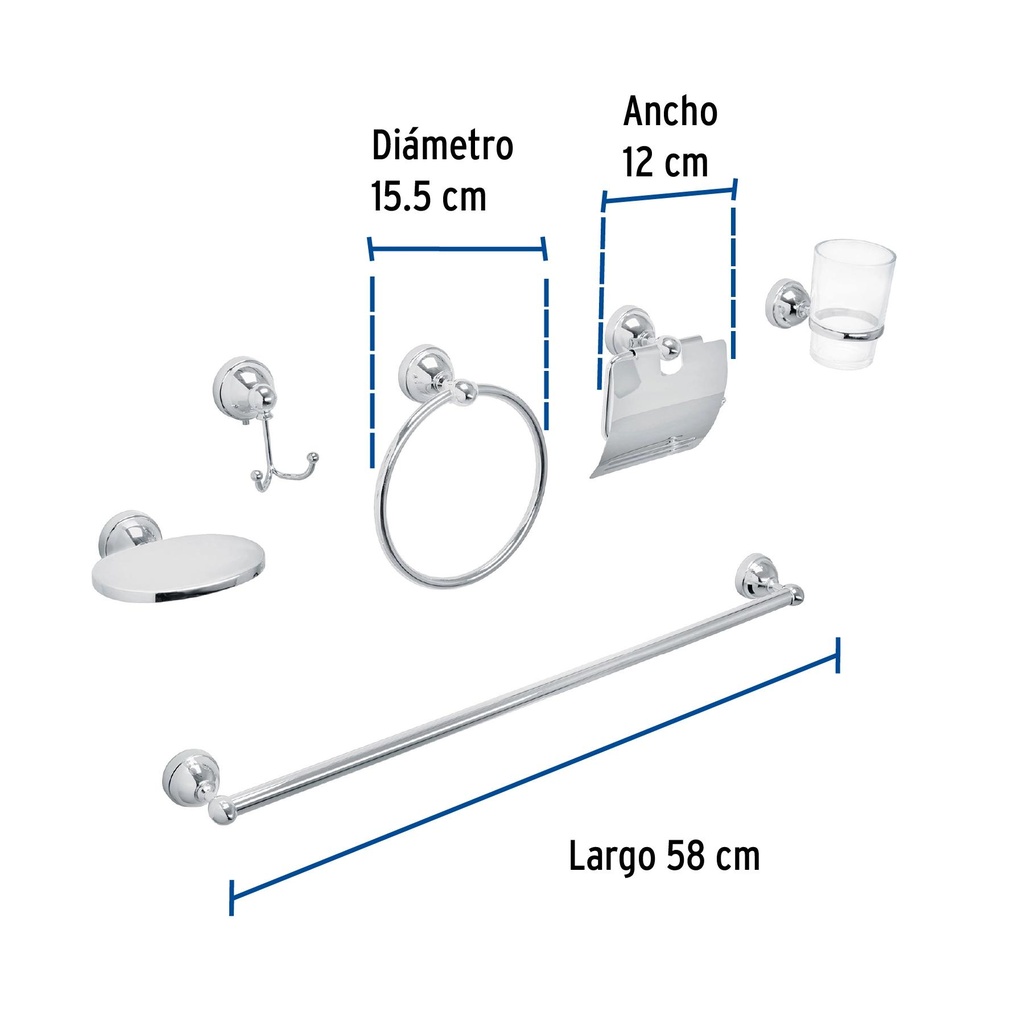 Juego de 6 acc. p/baño cromo chapetón redondo chico, Aqua