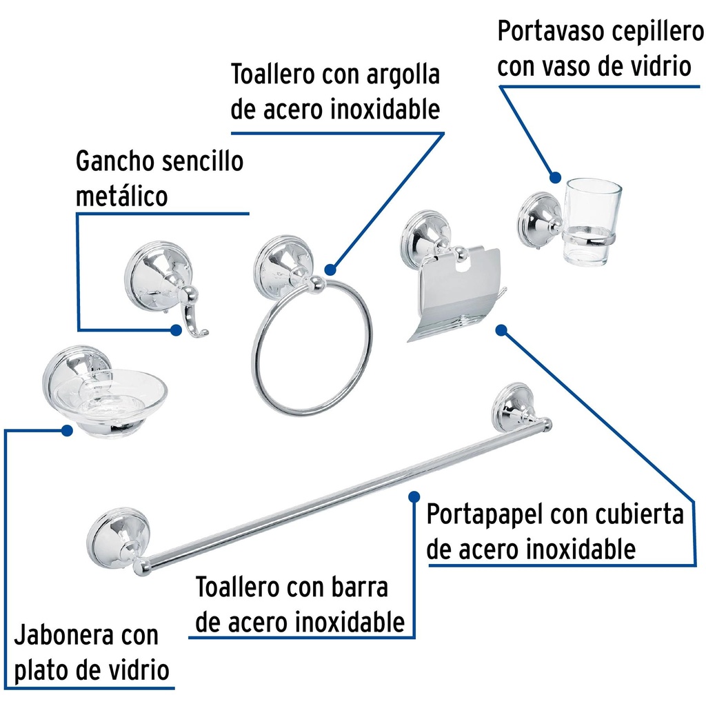 Juego de 6 acc. p/baño cromo chapetón redondo grande, Aqua