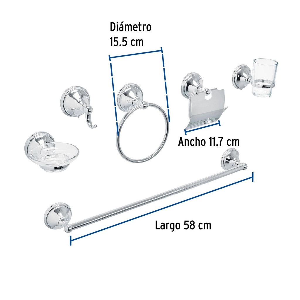 Juego de 6 acc. p/baño cromo chapetón redondo grande, Aqua