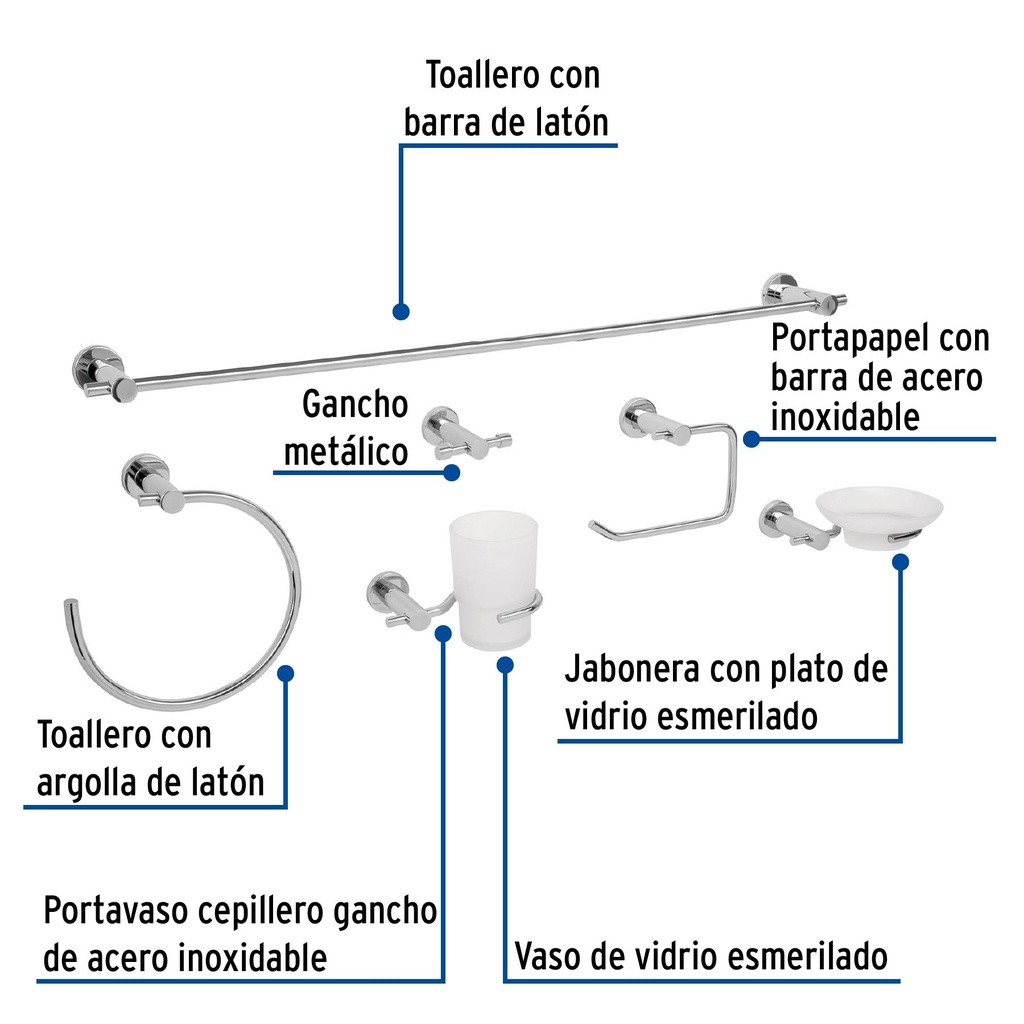 Juego de 6 accesorios para baño acabado cromo, Foset Element