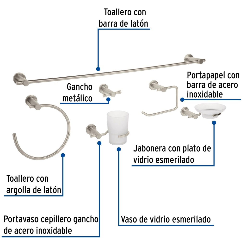 Juego de 6 accesorios para baño acabado satín, Foset Element