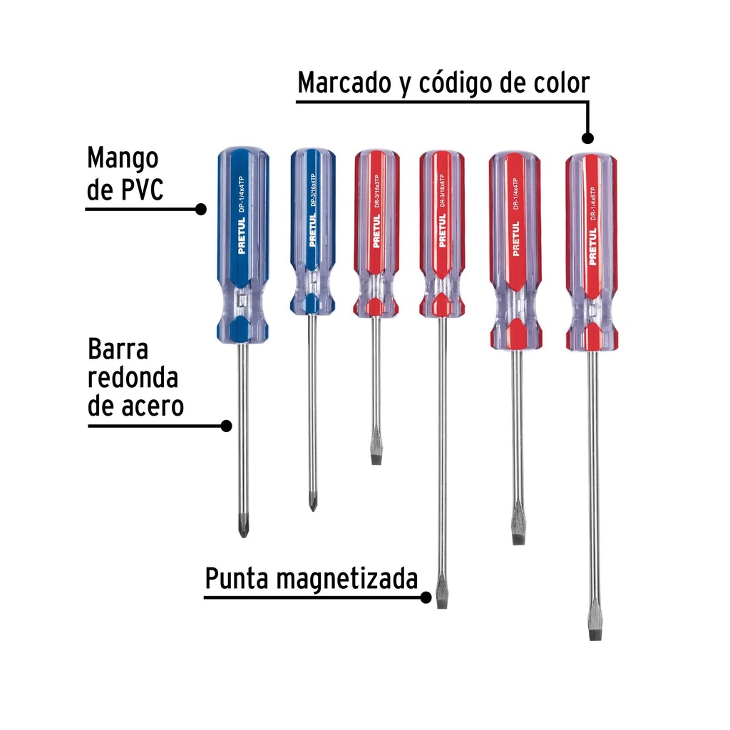 Juego de 6 desarmadores mango de PVC, Pretul