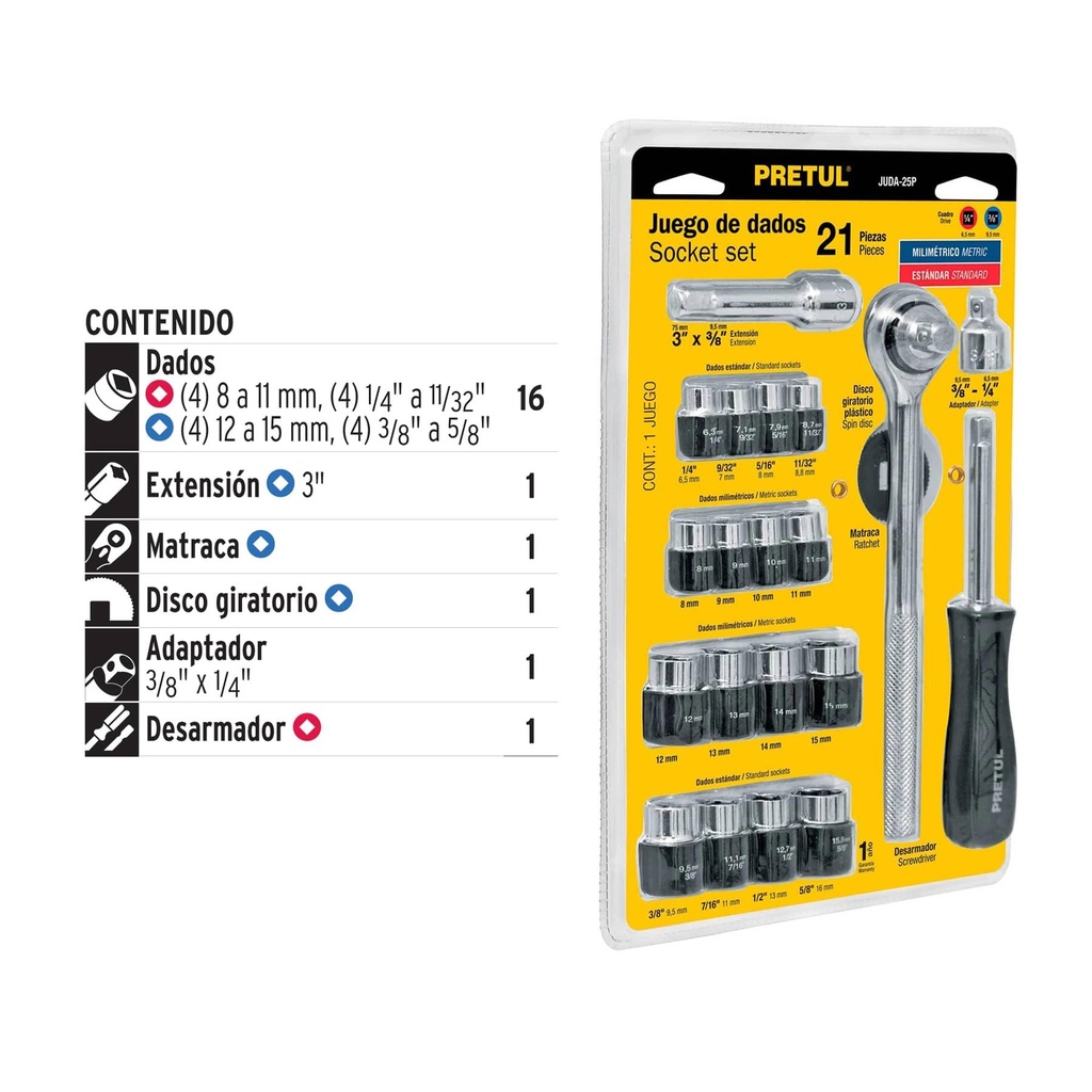 Juego de 21 herramientas 1/4' y 3/8' para mecánico, Pretul