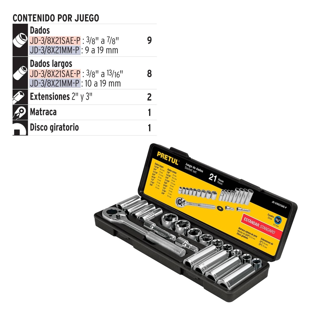 Juego de 21 herramientas 3/8' std para mecánico, Pretul