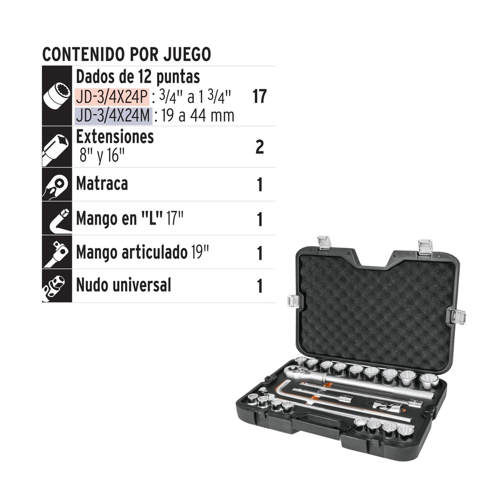 Juego de 23 herramientas cuadro 3/4' mm para mecánico