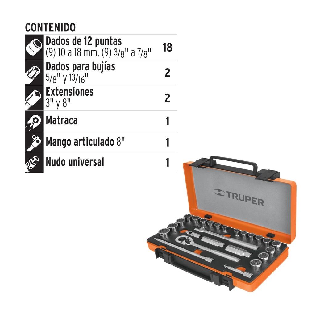 Juego de 25 herramientas cuadro 3/8' std y mm para mecánico