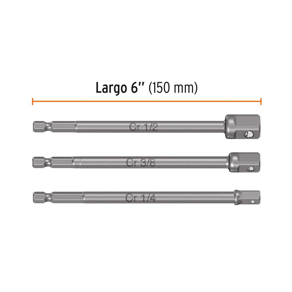 Juego de 3 adaptadores largos para dados de 1/4, 3/8 y 1/2'