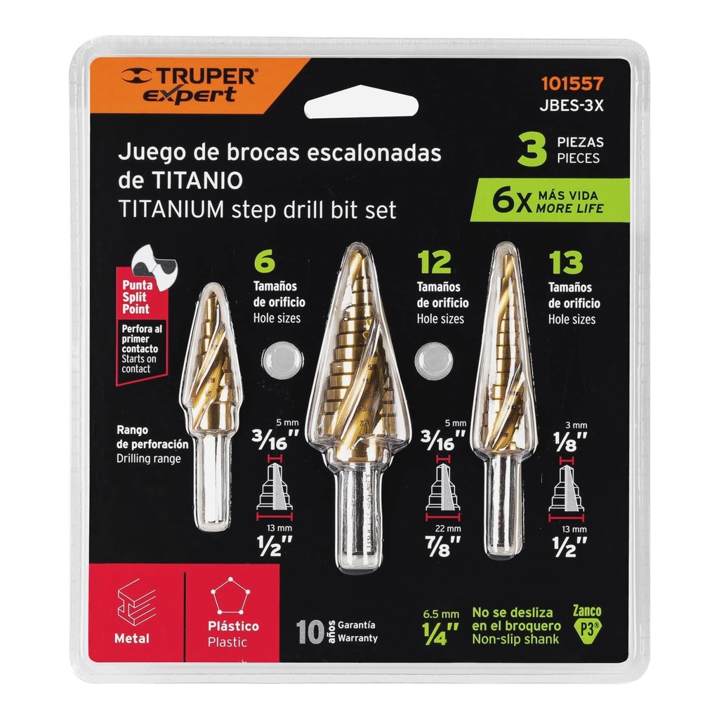 Juego de 3 brocas escalonadas de titanio, Truper Expert