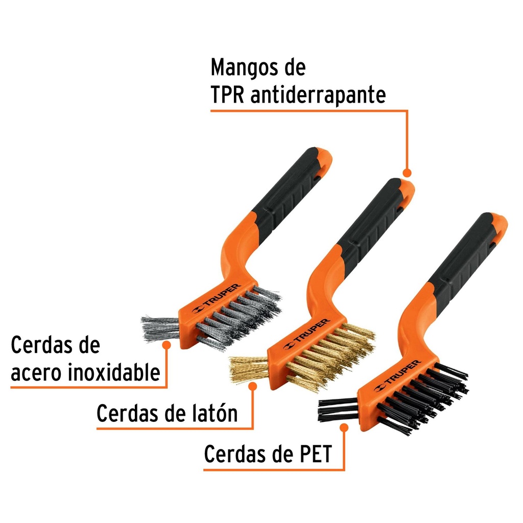 Juego de 3 mini cepillos de alambre 28 pinceles, Truper