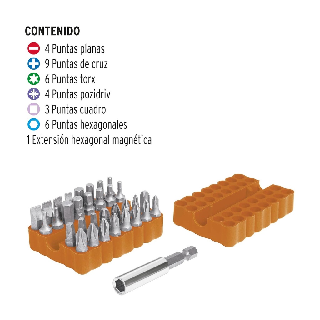 Juego de 33 puntas mixtas largo 1' en organizador plástico