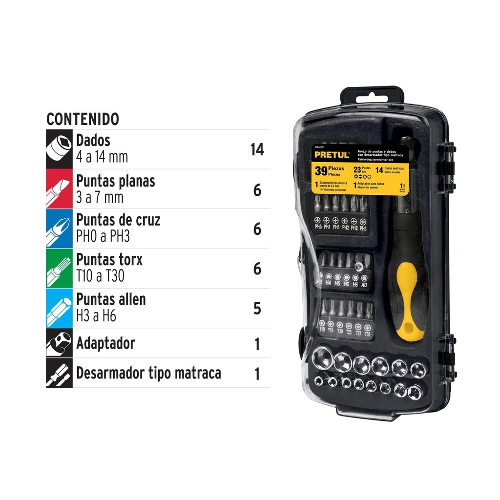 Juego de 39 herramientas 1/4' para mecánico, Pretul