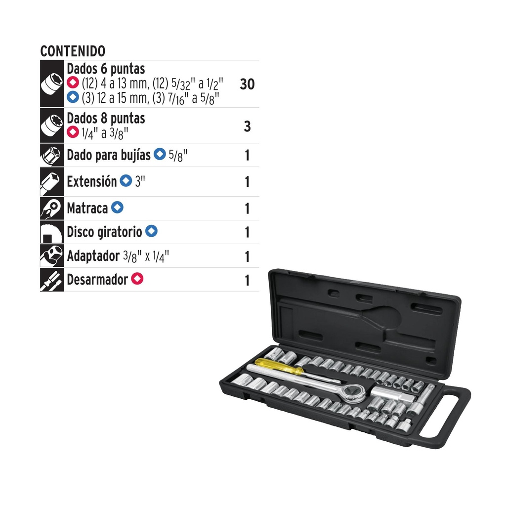 Juego de 39 herramientas 1/4' y 3/8' para mecánico, Pretul