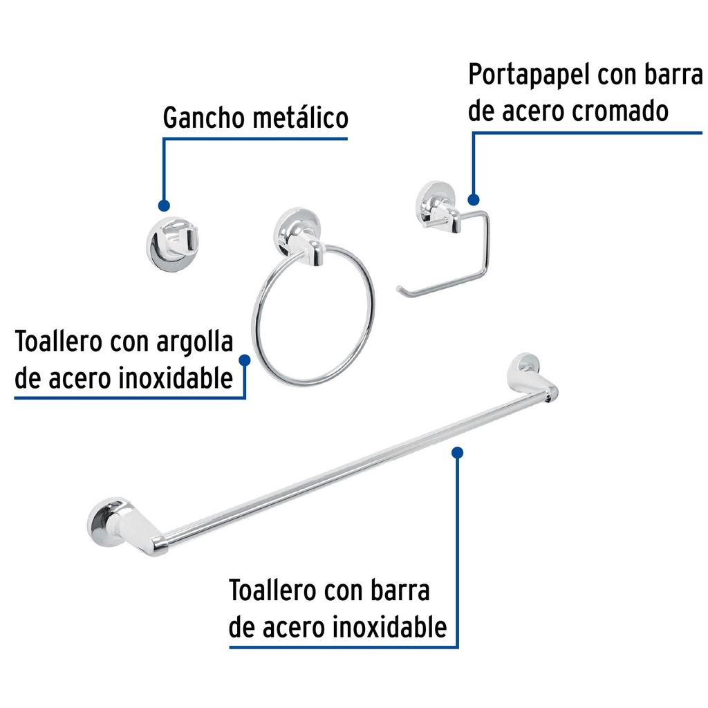 Juego de 4 accesorios para baño metálicos, Foset Aqua