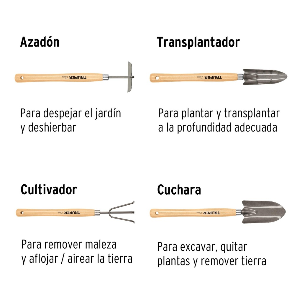 Juego de 4 herramientas de 15' para jardín, Truper