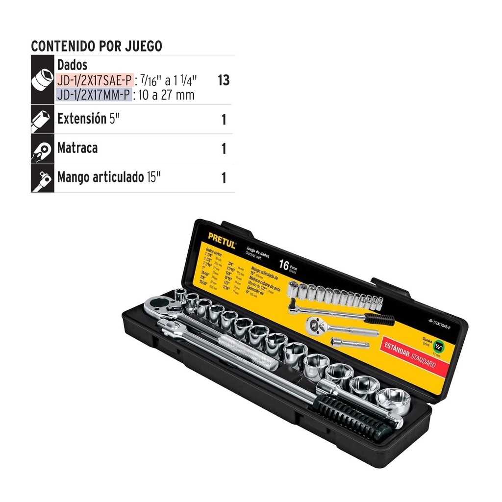 Juego de 16 herramientas 1/2' std para mecánico, Pretul