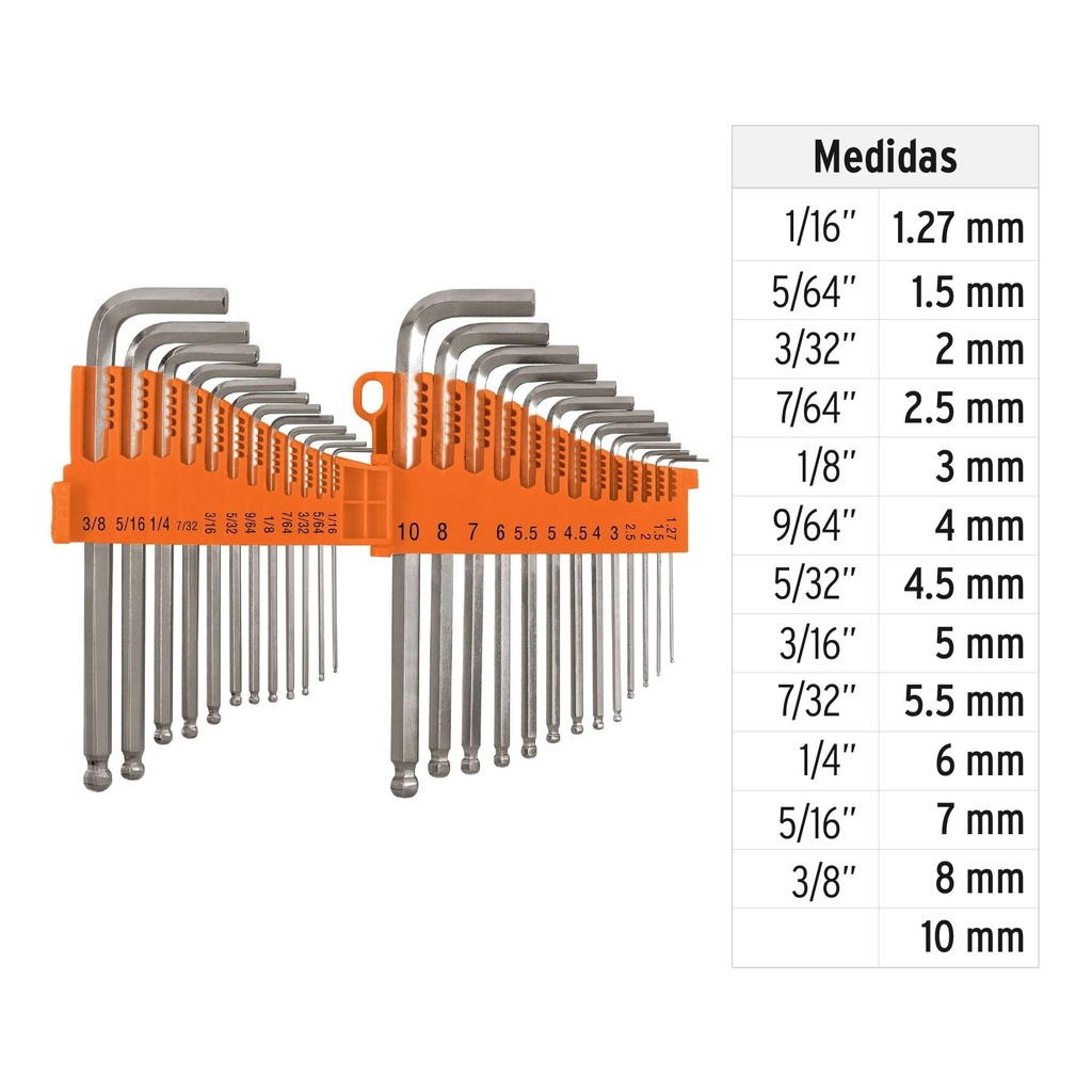 Juego 25 llaves allen largas std y mm punta bola,organizador