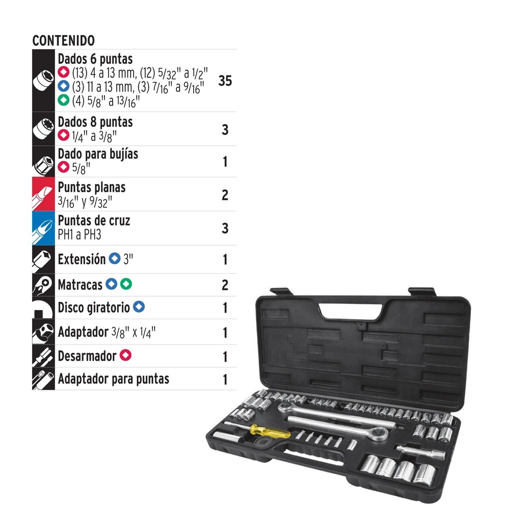 Juego 51 herramientas 1/4', 3/8' y 1/2' p/mecánico, Pretul
