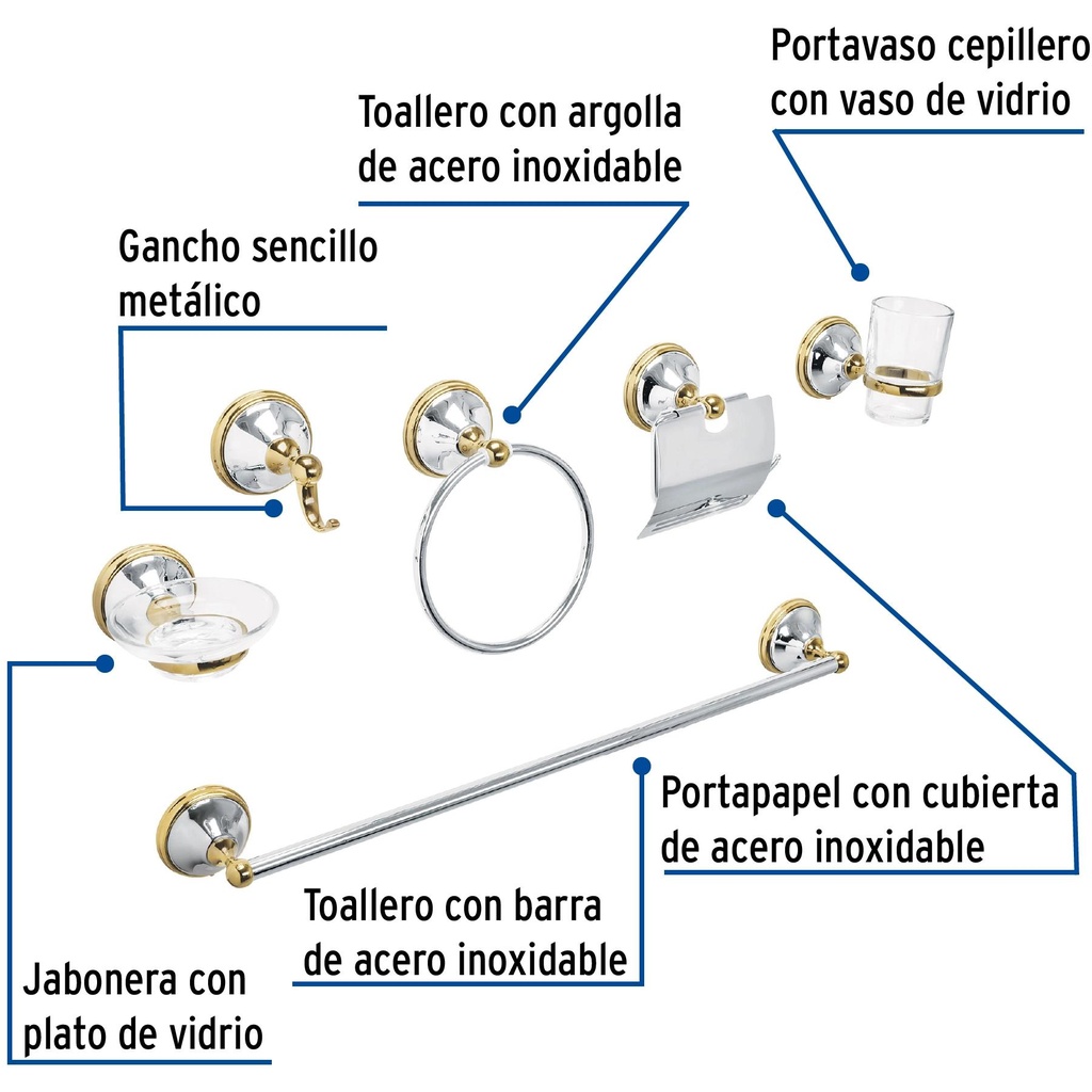 Juego 6 acc. p/baño cromo-oro chapetón redondo grande, Aqua