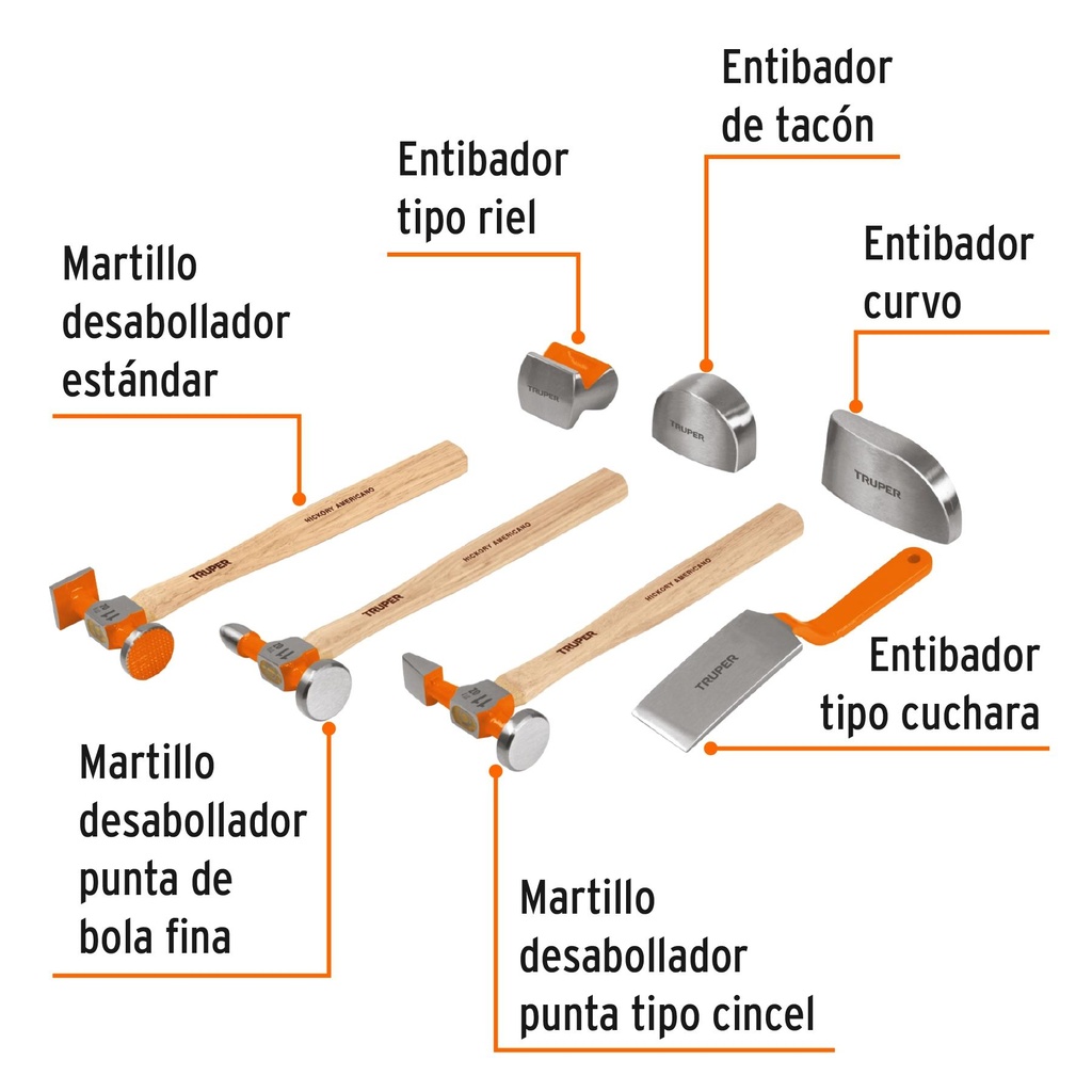 Juego 7 piezas de martillos y entibadores para hojalatero