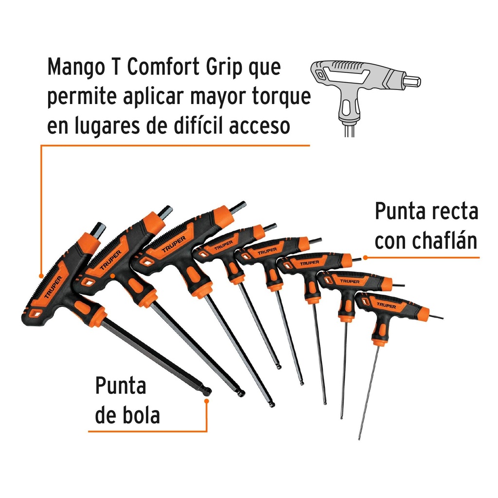 Juego 8 llaves allen std extralargas mango T, punta de bola