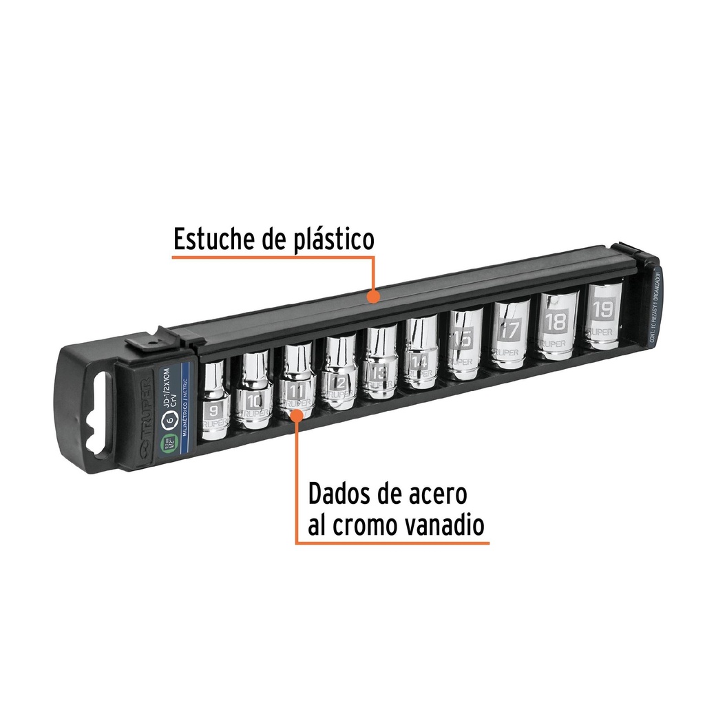 Juego de 10 dados cuadro 1/2' mm, Truper