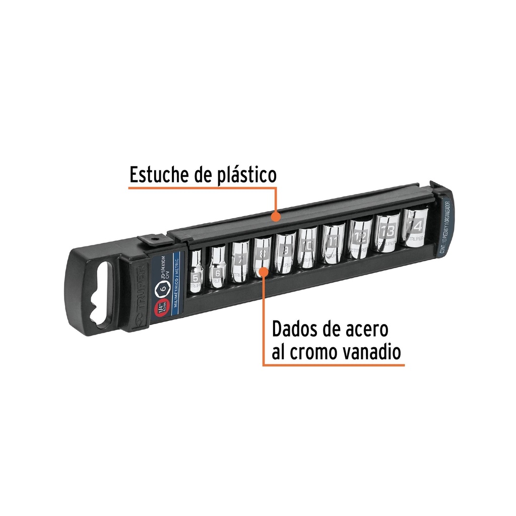 Juego de 10 dados cuadro 1/4' mm, Truper