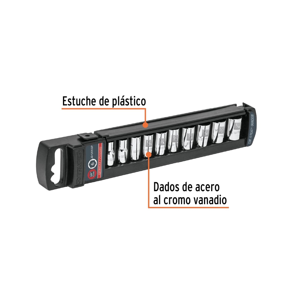 Juego de 10 dados cuadro 1/4' std, Truper