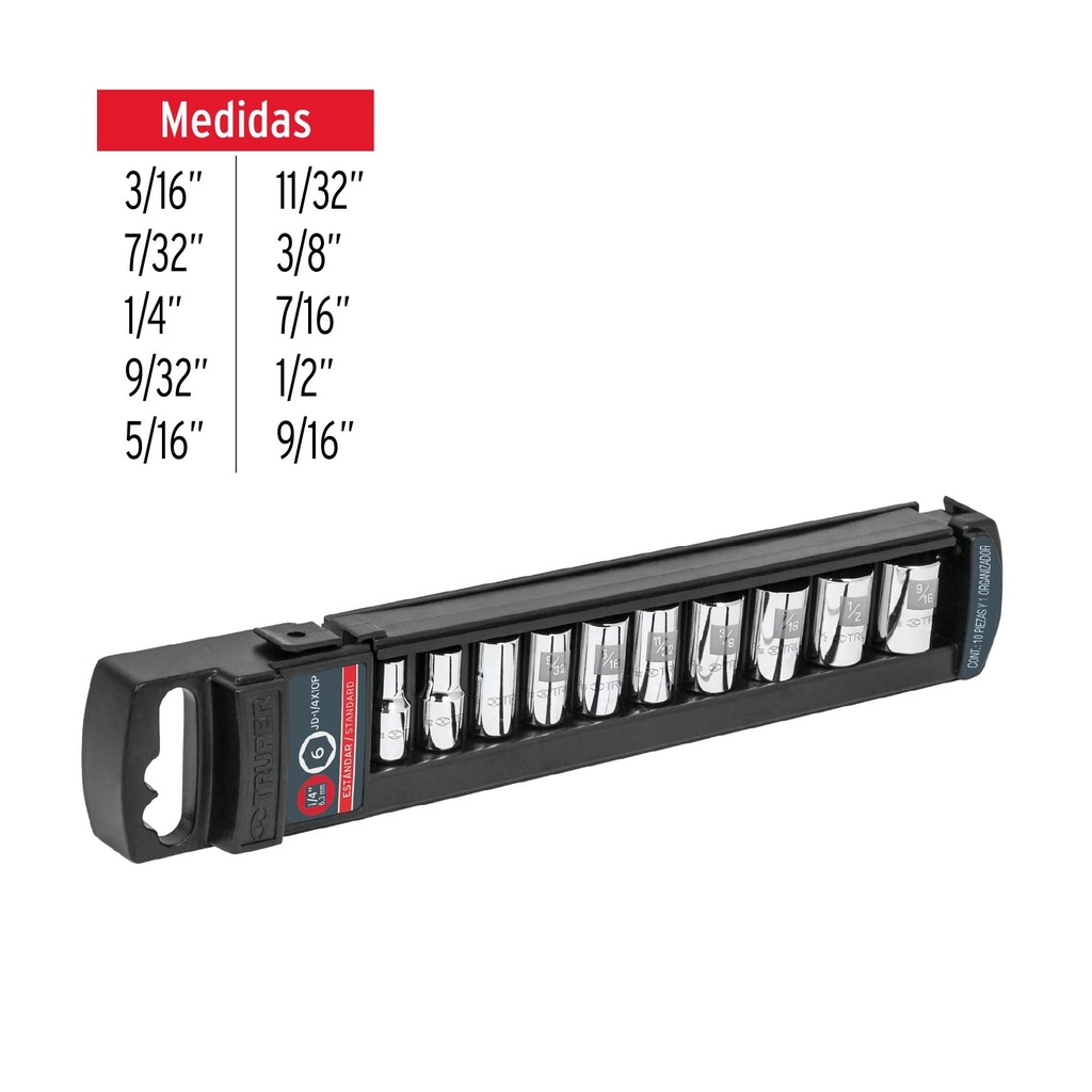 Juego de 10 dados cuadro 1/4' std, Truper