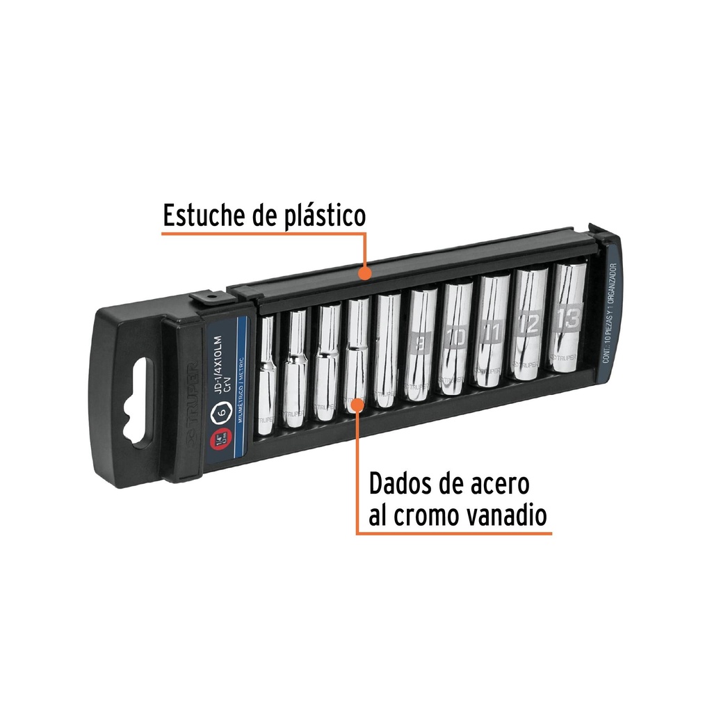 Juego de 10 dados largos cuadro 1/4' mm, Truper